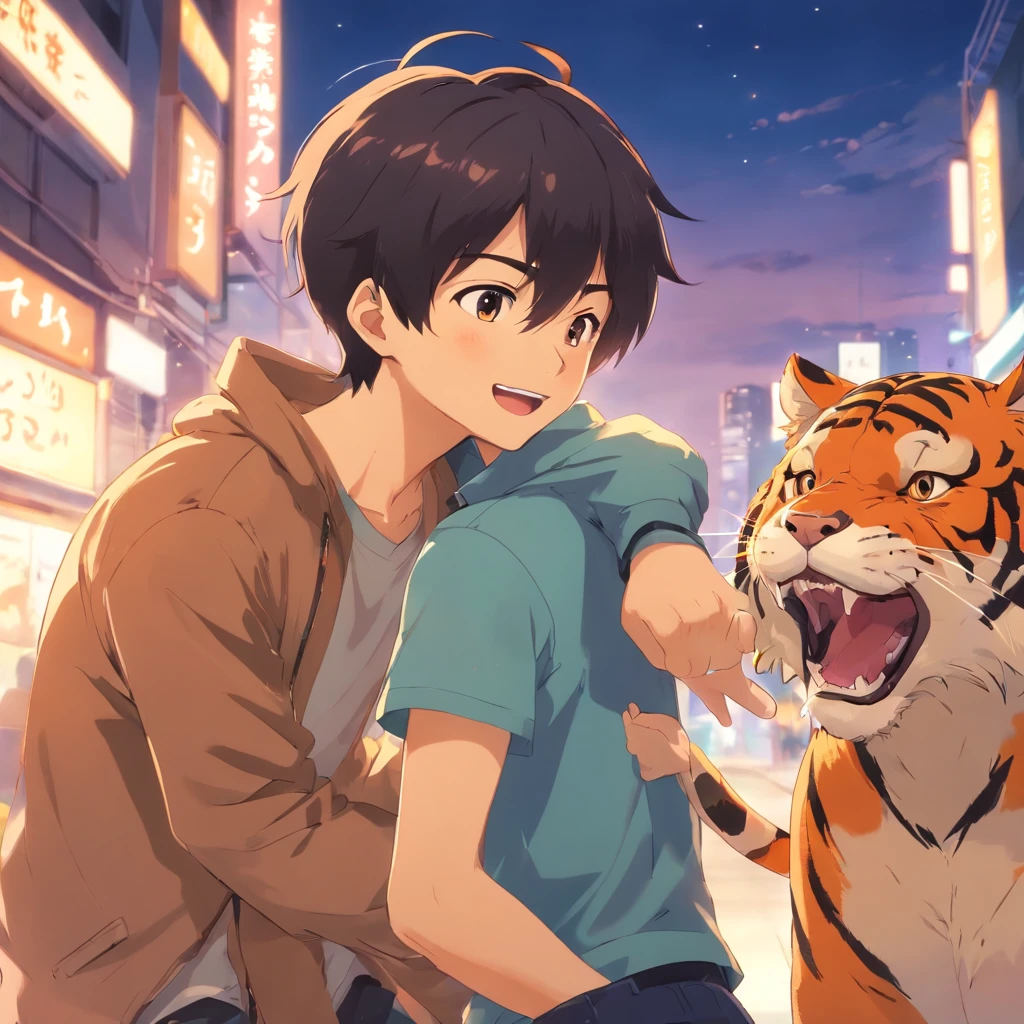 Close-up of cartoon characters with 2 little boys playing around, A strong, black-haired, smiling little boy puts his arm around another cute little boy with a tiger tooth screaming embarrassed expression, 2 cute anime boys,Shota character, cute character, Cute Art,The background is clean and minimalist,With Chinese subtitles:Brother Dust, I'm wrong