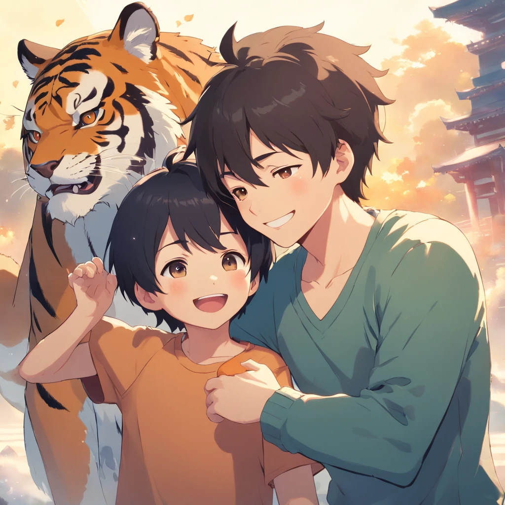 Close-up of cartoon characters with 2 little boys playing around, A strong, black-haired, smiling little boy puts his arm around another cute little boy with a tiger tooth screaming embarrassed expression, 2 cute anime boys,Shota character, cute character, Cute Art,The background is clean and minimalist,With Chinese subtitles:Brother Dust, I'm wrong