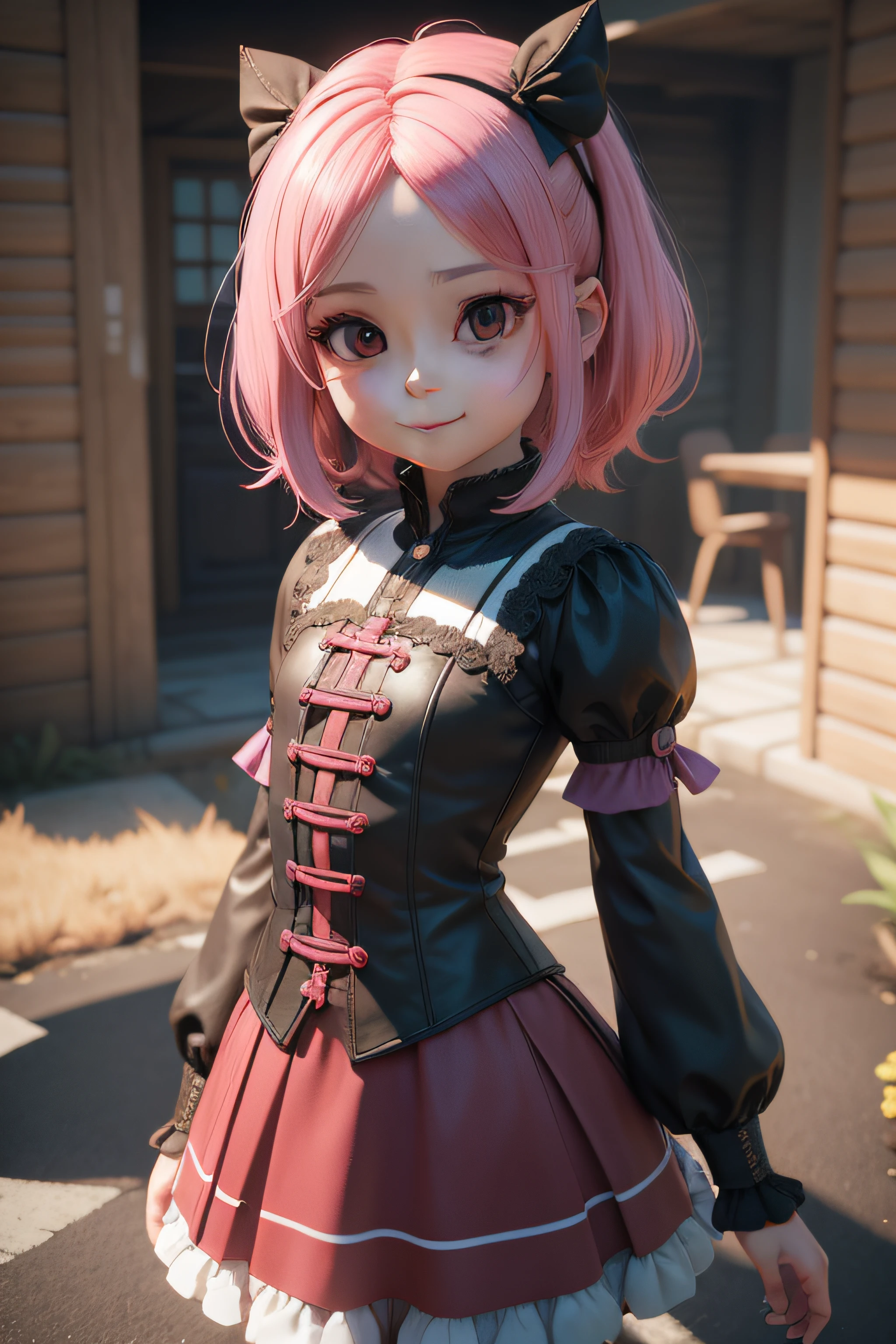 barnet, 5 anos aproximadamente, garota pequena, estilo chibi, Olhos grandes, sorriso fofo, cabelo rosa, 3D-rendering, estilizada, unreal engine 5, cores vivas, imagem corpo todo.