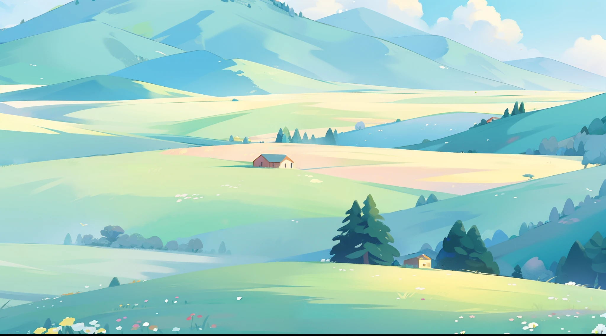 countryside fantasy, watercolor illustration, whimsical, vibrant warm colors, sharp details, meadow, colorful flowers, landscape, wide open countryside, woods, trees, ocean in distance