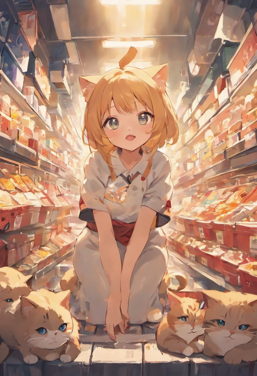 Cats steal cat food,The proportions are moderate, Gradient color, Soft color palette, Hierarchical form, simplebackground, Spatial perspective is correct, large panorama, structurally correct, Depth of field, f/1.8, Best quality