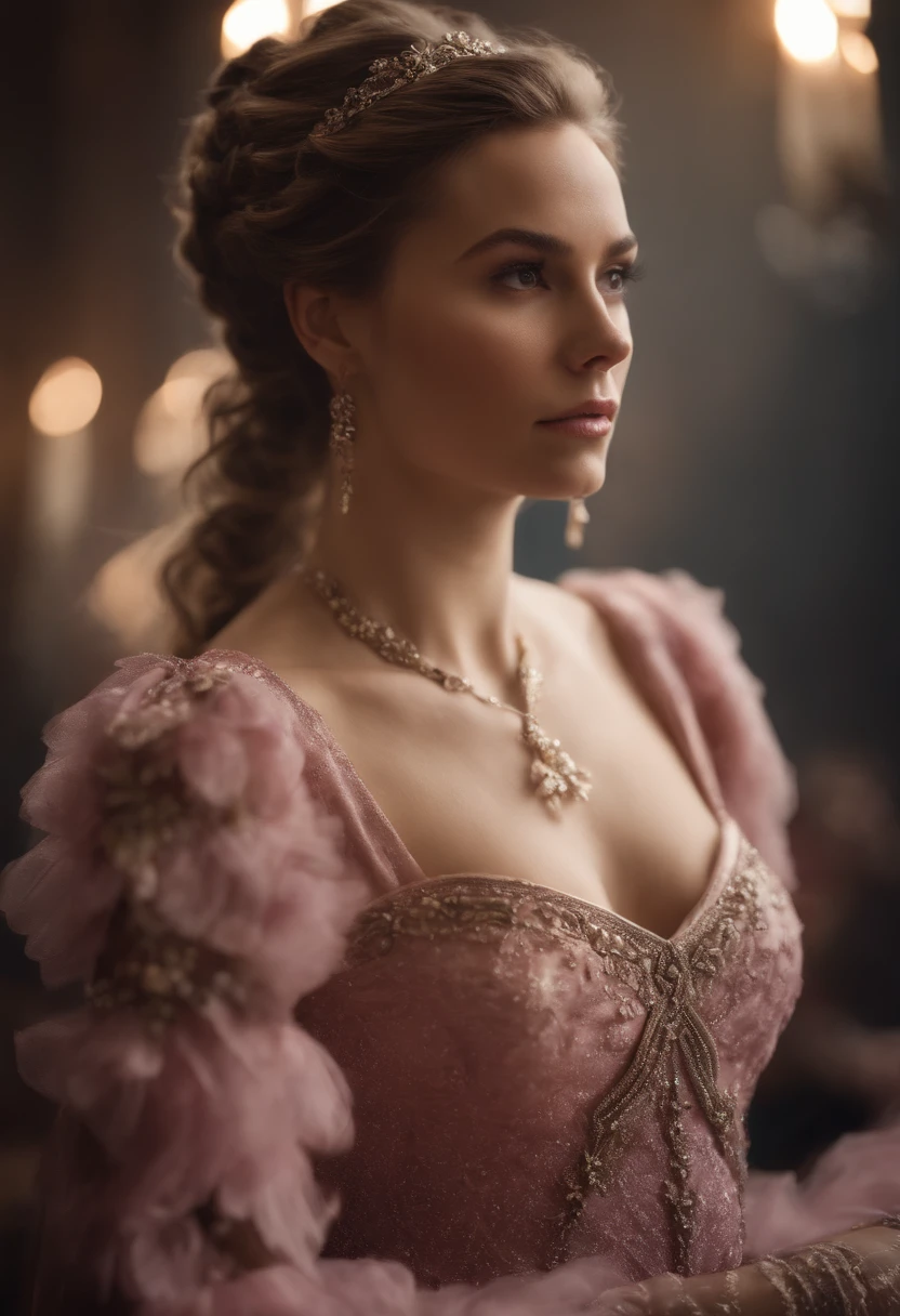 Woman, serious, warrior, armour, elegant, pink dress, aristocratic, silver elements, long nails, bare shoulders, hairstyle, hair up, braid and ponytail, messy, arrogant, absurd, detailed dress, royalty, celebration, hall decorated with flowers, cowboy shot, portrait, (best quality), (masterpiece), (highly detailed), (4k)