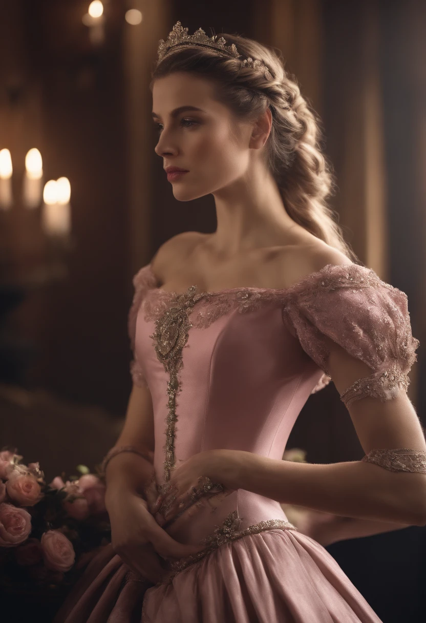 Woman, serious, warrior, armour, elegant, pink dress, aristocratic, silver elements, long nails, bare shoulders, hairstyle, hair up, braid and ponytail, messy, arrogant, absurd, detailed dress, royalty, celebration, hall decorated with flowers, cowboy shot, portrait, (best quality), (masterpiece), (highly detailed), (4k)