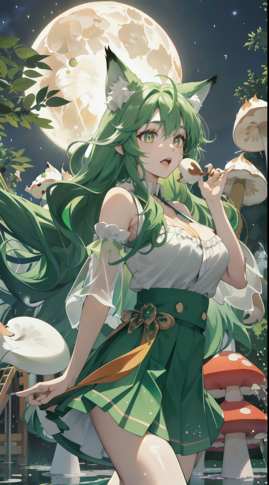 long whitr hair,(dancer),Gradient eye,Beautiful pupils,((Open-mouthed)),((Watery eyes)),(fox ear),Fluffy hair,(Green hair),((Hold the cheeks)),(Fluorescent mushroom forest),Lori huge breasts cleavage,((Q version characters)),(((playground))),((rainbowing)),(The fountain),(themoon),(((Lifting skirt)))