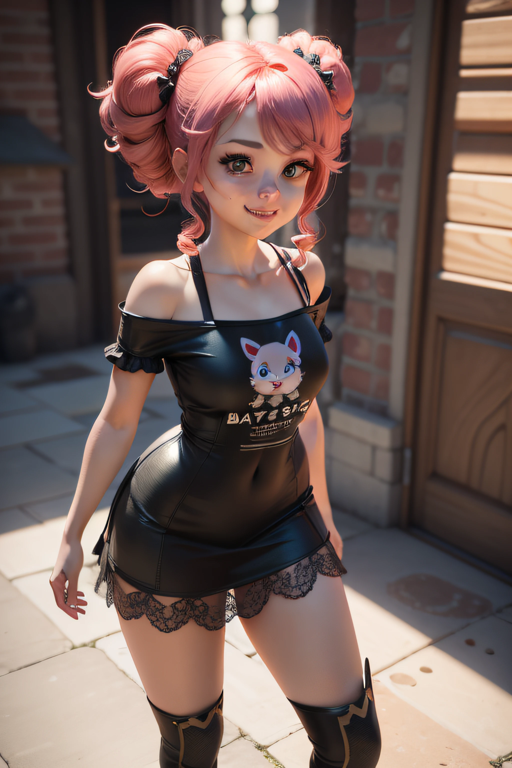 barnet, cartoon, 5 anos aproximadamente, garota pequena, estilo chibi, Olhos grandes, sorriso fofo, cabelo rosa, 3D-rendering, estilizada, unreal engine 5, cores vivas, imagem corpo todo.