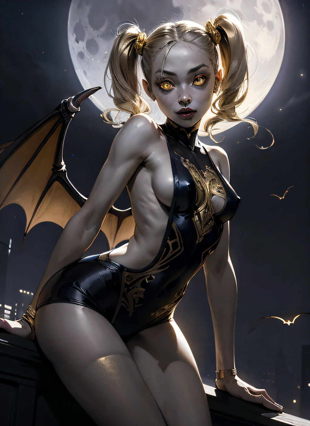 masterpiece, best quality, 1girl, (li:1.2), (goddess:0.5), leaning forward,vampire, petite, revealing clothes, sideboob, medium breasts,,yellow eyes, twintails, (grey skin), wings, colored skin, solo gold, intricate, (contrast), moon, night