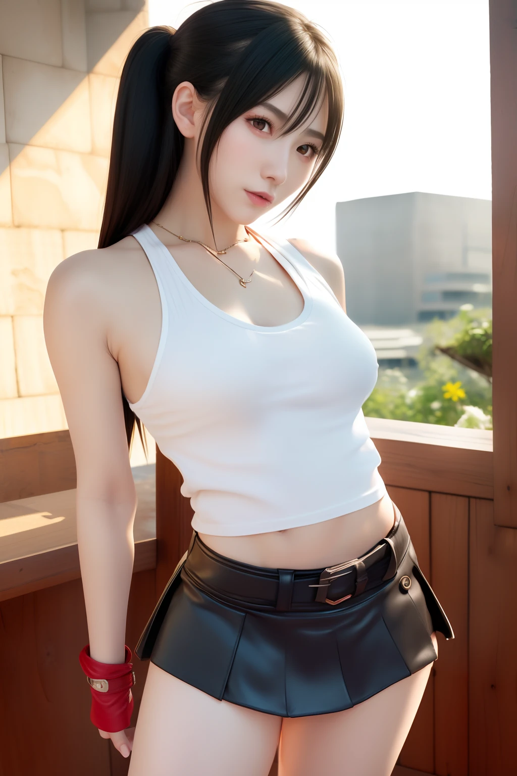 Highly detailed, High Quality, Masterpiece, beautiful, TifaOG, white tank top, black miniskirt, 1girl, solo, cowboy shot, light smile, arm behind back, red eyes