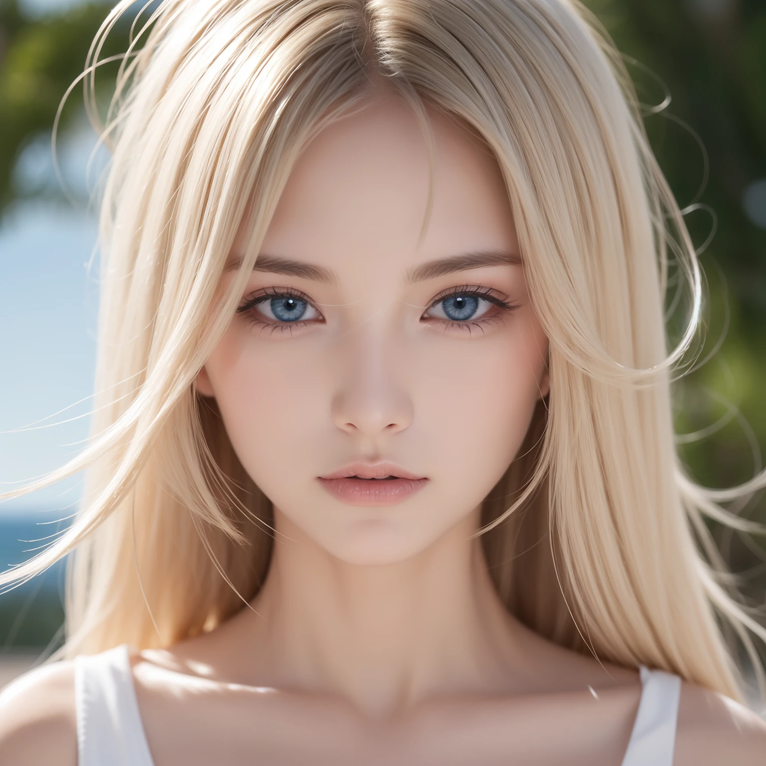 beautiful girl, wearing a open top, long flowing hair, big bust, locks eyes into the camera, symmetrical eyes, symmetrical face, photorealistic, photography, path tracing, specular lighting, volumetric face light, path traced hair, visible shadows, intricate, elaborate