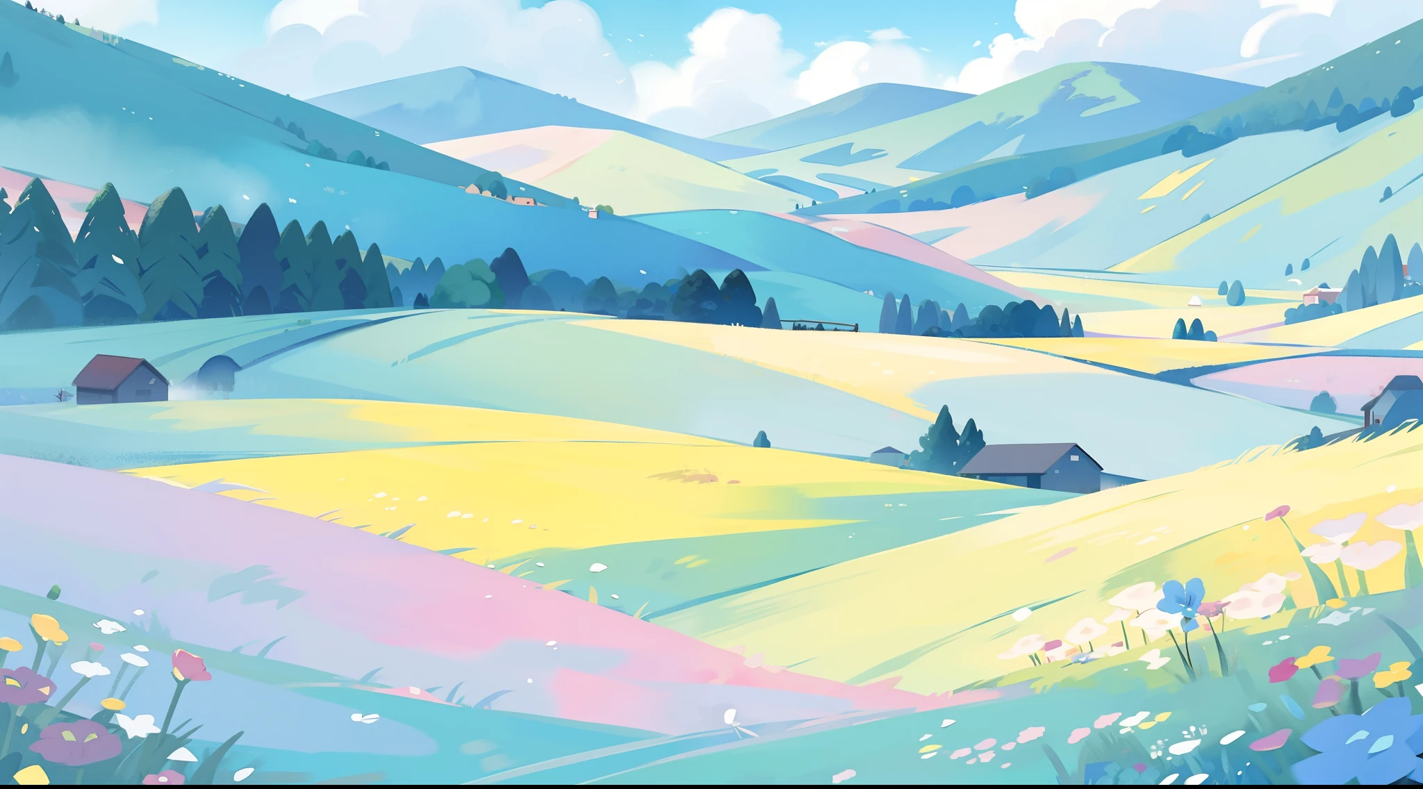 countryside fantasy, watercolor illustration, whimsical, vibrant warm colors, sharp details, meadow, colorful flowers, landscape, wide open countryside, woods, trees, ocean in distance