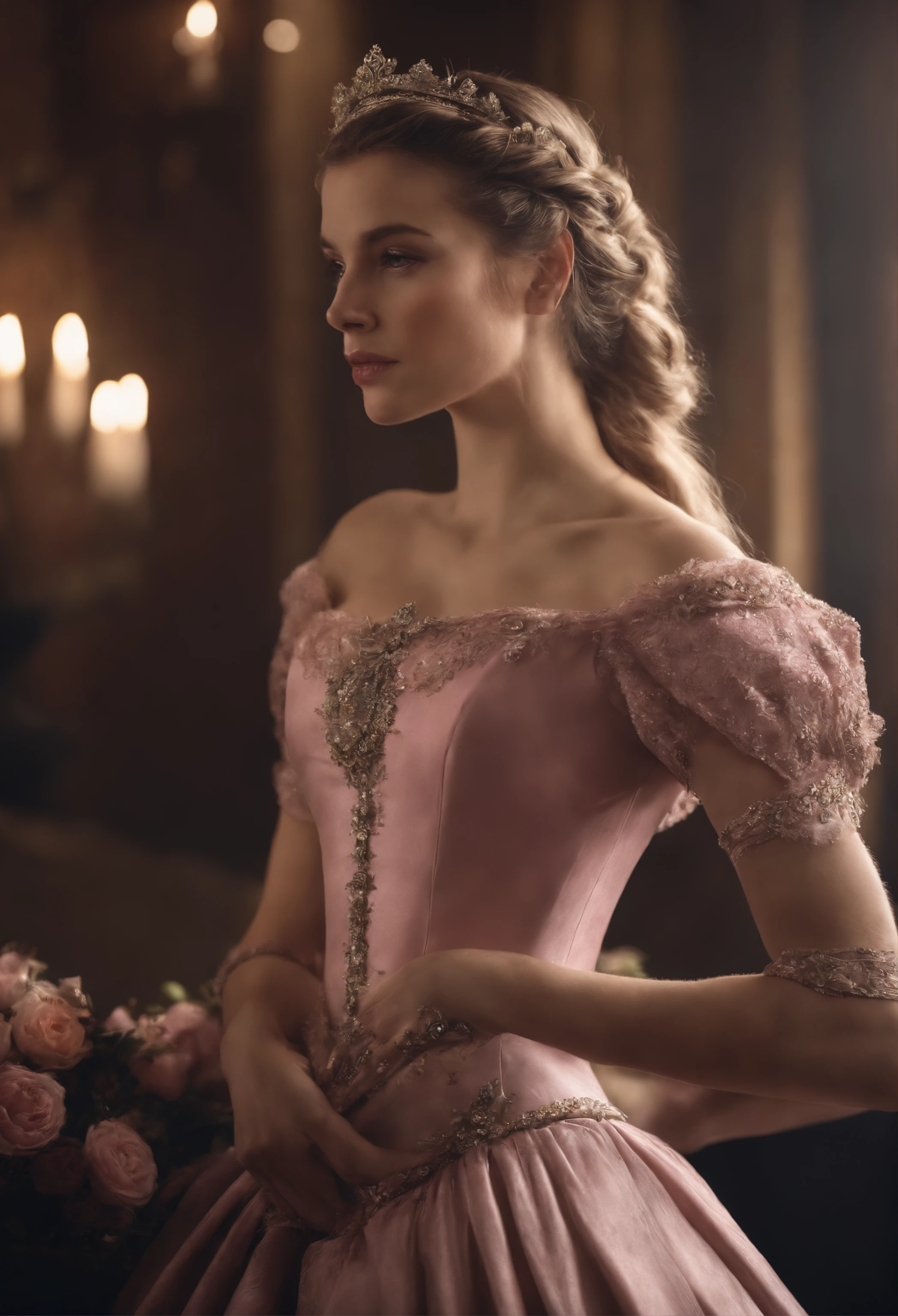 Woman, serious, warrior, armour, elegant, pink dress, aristocratic, silver elements, long nails, bare shoulders, hairstyle, hair up, braid and ponytail, messy, arrogant, absurd, detailed dress, royalty, celebration, hall decorated with flowers, cowboy shot, portrait, (best quality), (masterpiece), (highly detailed), (4k)