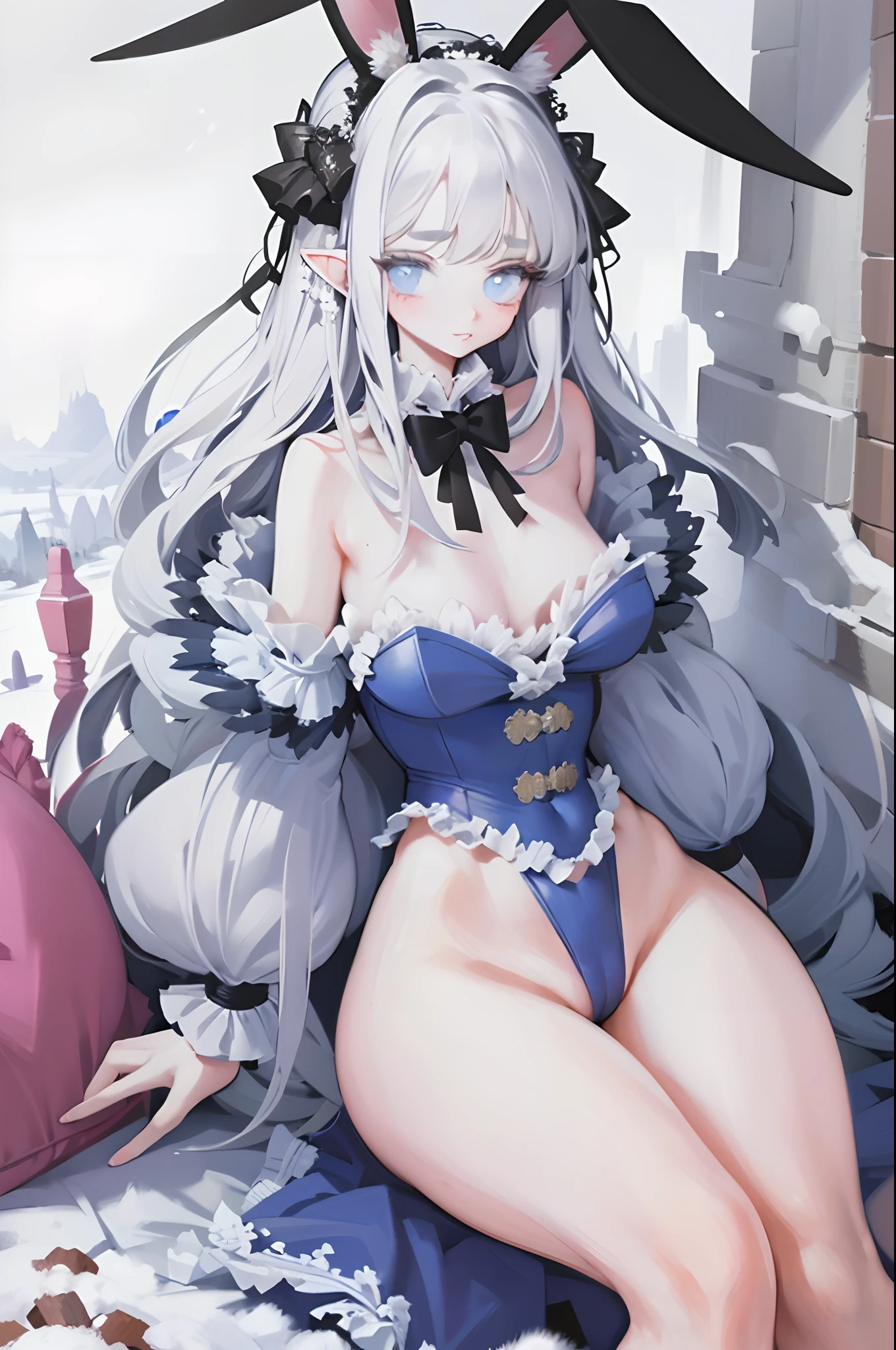 Original Character, Volumetric Lighting, Best Shadows, Shallow Depth of Field, Close Up Of Stunningly Beautiful Girl, Petite, Wide Hips, Thick Thighs, Slight Chubby, Small body, Delicate Beautiful Attractive Face With Alluring Blue Eyes, Sharp Eyebrows, Half Open Eyes, Elf ears, Cute Smile, Lovely Big Breasts, Layered Long White Hair With Ribbon Tied To A Part Of Hair On The Side, Blunt Bangs, Long White Straight Hair, Pale Skin, Ear Piercings, Blush Eyeshadow, White Thick Eyelashes, Long eyelashes, Slim Waist, fluffy rabbit tail, rabbit tail, Big bunny ears, skimpy outfit furry outfit, (Snow Background:1.1) , Sitting Down, Sitting in snow, Half-Body, Posing, (Highest Quality, Amazing Details:1.25), (Solo:1.3), Brilliant Colorful Paintings, Looking At Viewer, Furry, white rabbit girl, furry skin, skimpy clothes, Leotard, rabbit tail, rabbit ears, Korean face with slight rabbit features, snowy mountains, Skimpy clothes, thick thighs, wide hips, small breasts