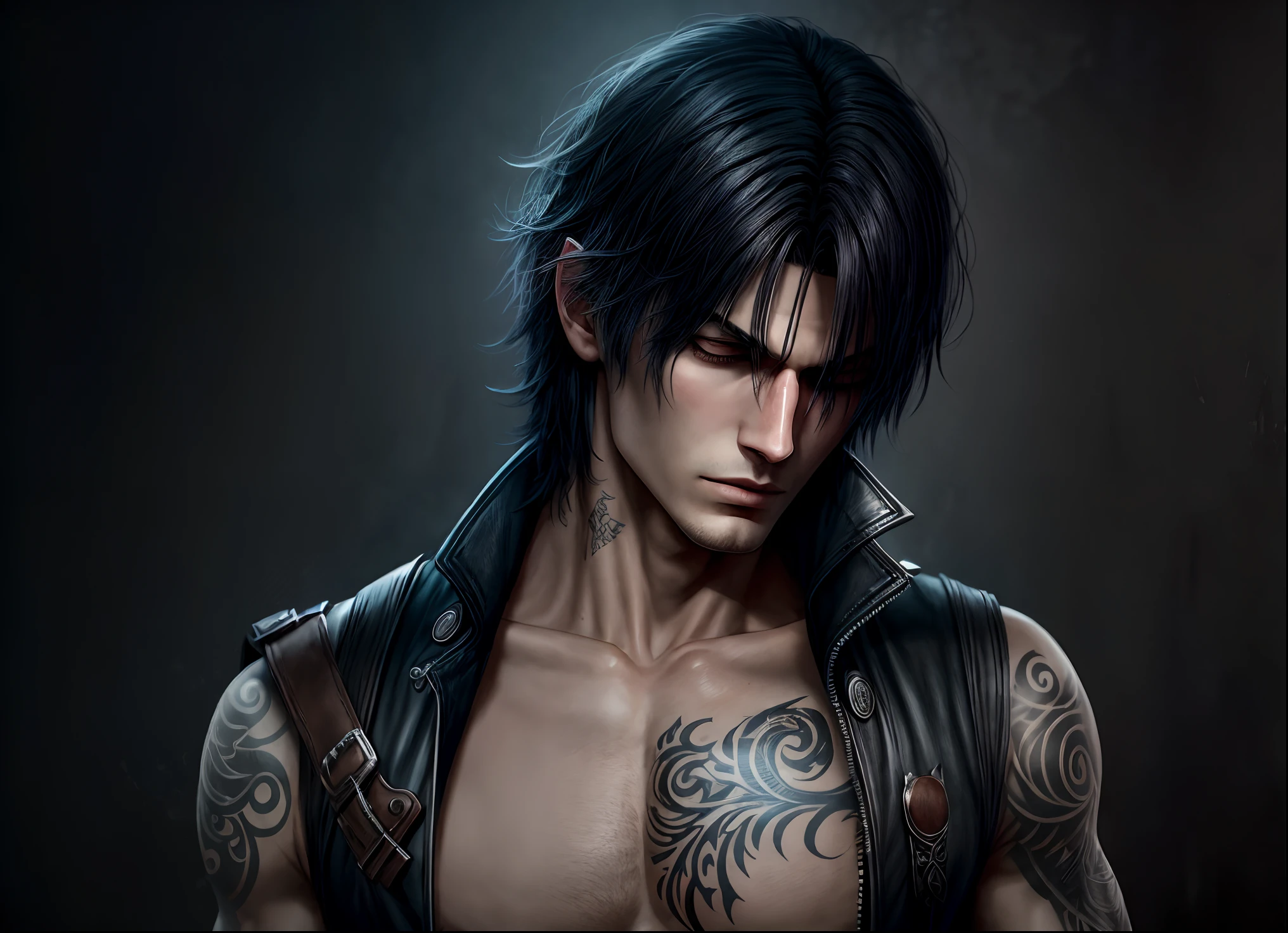 V from devil may Cry, man with black hair covering one of his eyes, chest exposed and arm tattooed.  Realistic, high quality --auto --s2