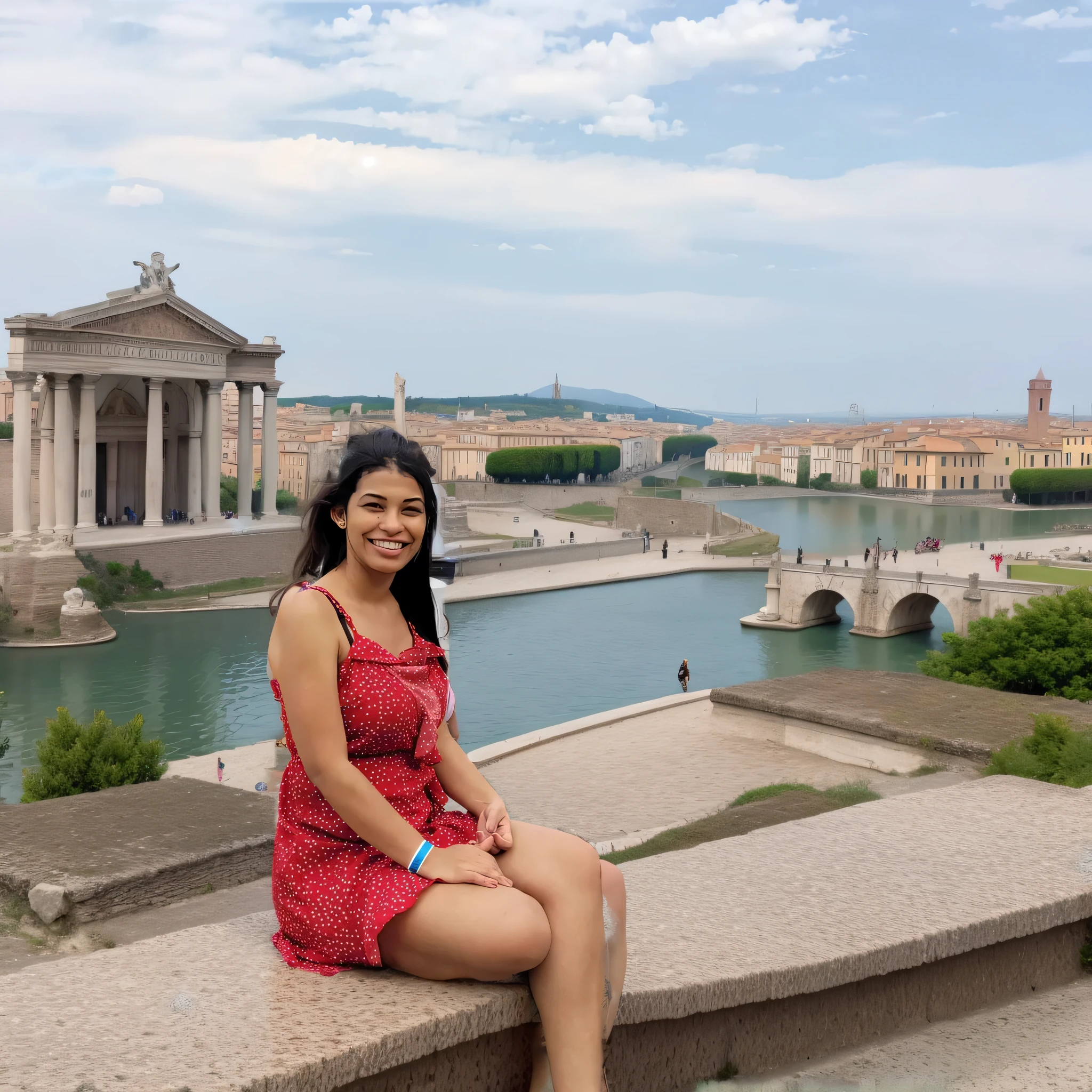 A woman with short curly hair, wearing a teal top and denim shorts, sitting in an ancient Roman city with classical architecture and statues.