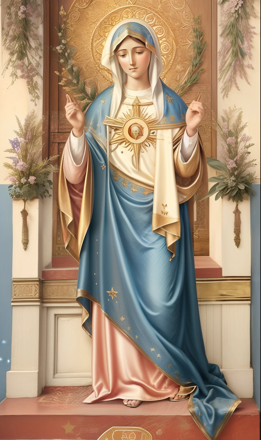 (((Blessed Virgin Mary of Mount Carmel))) Obra maestra, (La mejor calidad: 1.2), (super fine: 1.2), illustration, (extremadamente delicado y hermoso: 1.2), movie angle, flotante, (Hermoso ojo de detalle: 1.1), (detalle luz: 1.1), Movie Lights, Cielo delicado, ojos azules, (Cola de caballo alta: 1.1), capa, ojuelos, cielo estrellado, (light particles: 1.1) dibujo, flor. (Obra maestra), (La mejor calidad), (fotorrealista:1.3), 8k, Textura detallada de la piel, Textura detallada de la tela, Hermosa cara detallada, Detalles intrincados, Ultra detallado (cuerpo de cuerpo entero:1.2)