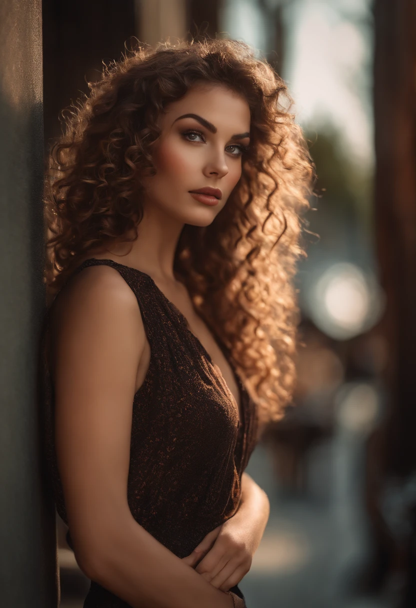 (sharp focus:1.2), photo, attractive young woman, (beautiful face:1.1), detailed eyes, luscious lips, (cat eye makeup:0.85), (large eyes:1.0), (toned body:1.2), (curly hair:1.2), curvy body, wearing (romper:1.2) on a (street:1.2). (moody lighting:1.2), depth of field, bokeh, 4K, HDR. by (James C. Christensen:1.2|Jeremy Lipking:1.1).