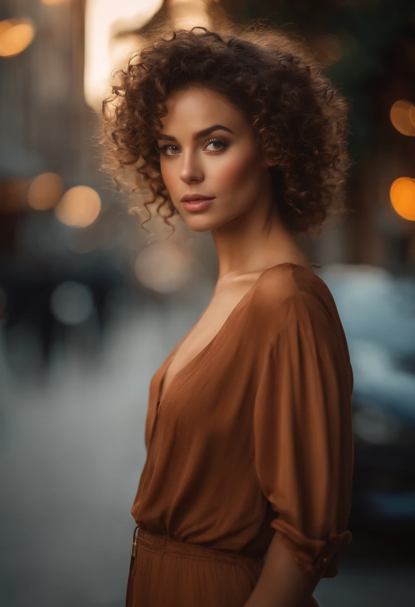 (sharp focus:1.2), photo, attractive young woman, (beautiful face:1.1), detailed eyes, luscious lips, (cat eye makeup:0.85), (large eyes:1.0), (toned body:1.2), (curly hair:1.2), curvy body, wearing (romper:1.2) on a (street:1.2). (moody lighting:1.2), depth of field, bokeh, 4K, HDR. by (James C. Christensen:1.2|Jeremy Lipking:1.1).