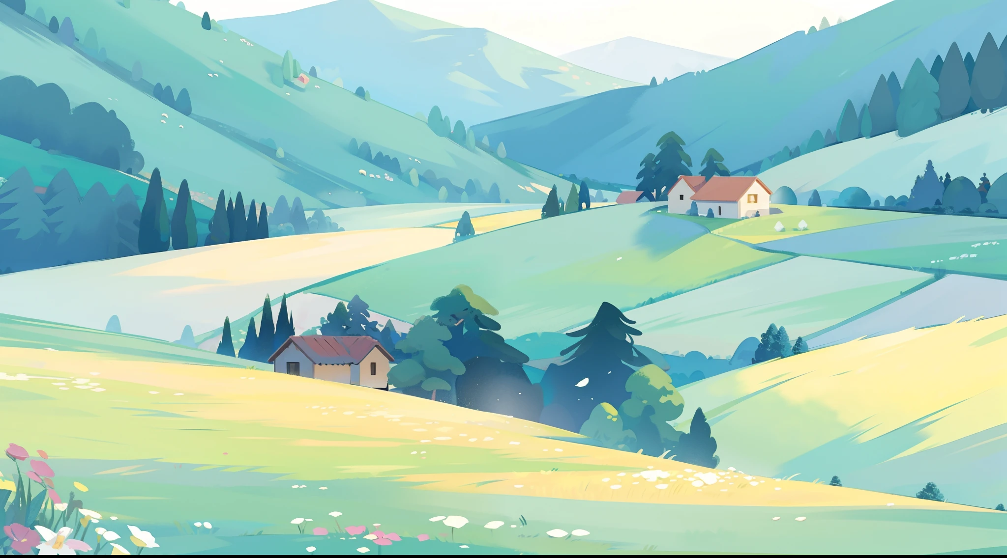 countryside fantasy, watercolor illustration, whimsical, vibrant warm colors, sharp details, meadow, colorful flowers, landscape, wide open countryside, woods, trees, ocean in distance