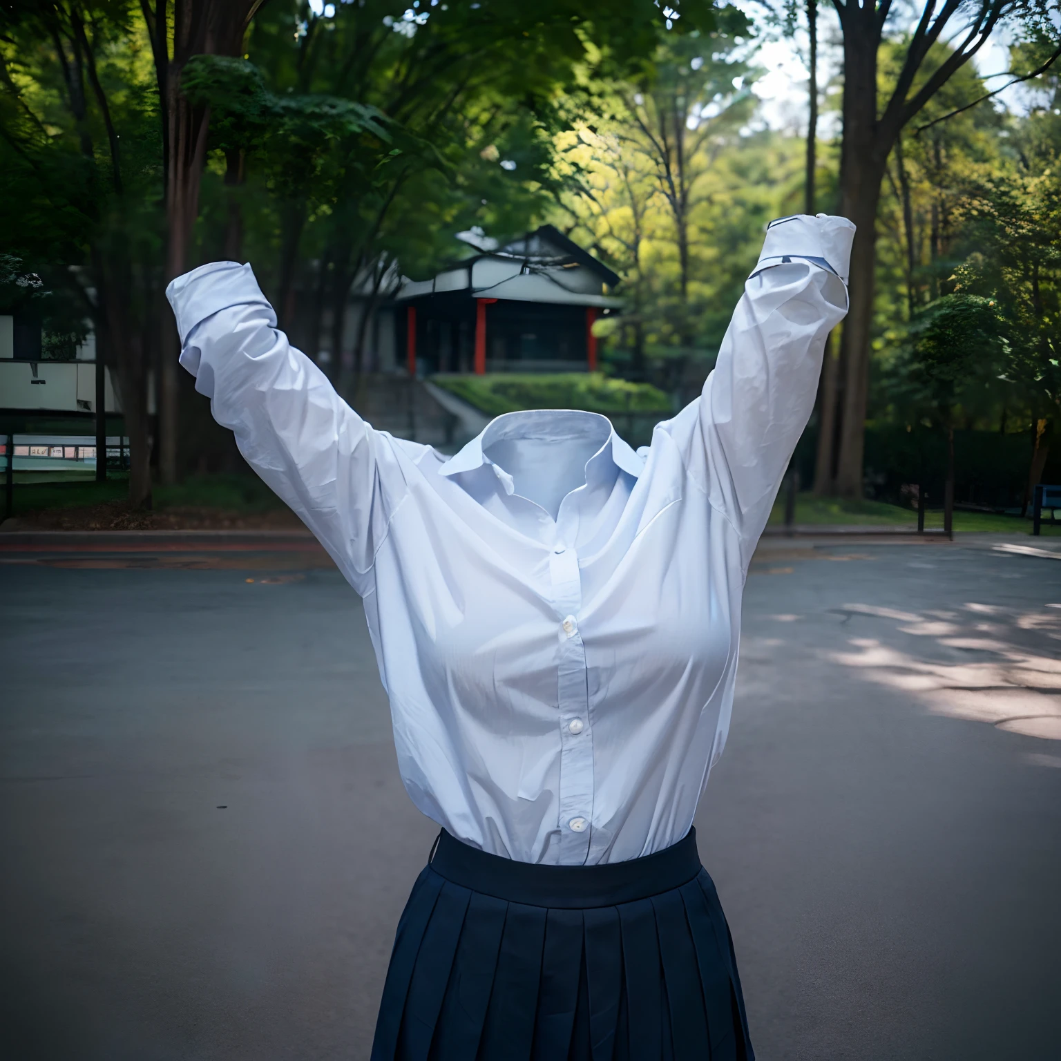 (girls' school uniform),((invisible, no humans:1.5, headless:1.5, handless, legless)), (big breasts),arms up,
(8k, RAW photo, best quality, masterpiece:1.2), (realistic, photo-realistic:1.37),photon mapping, radiosity, ((Hasselblad photography)),physically-based rendering,