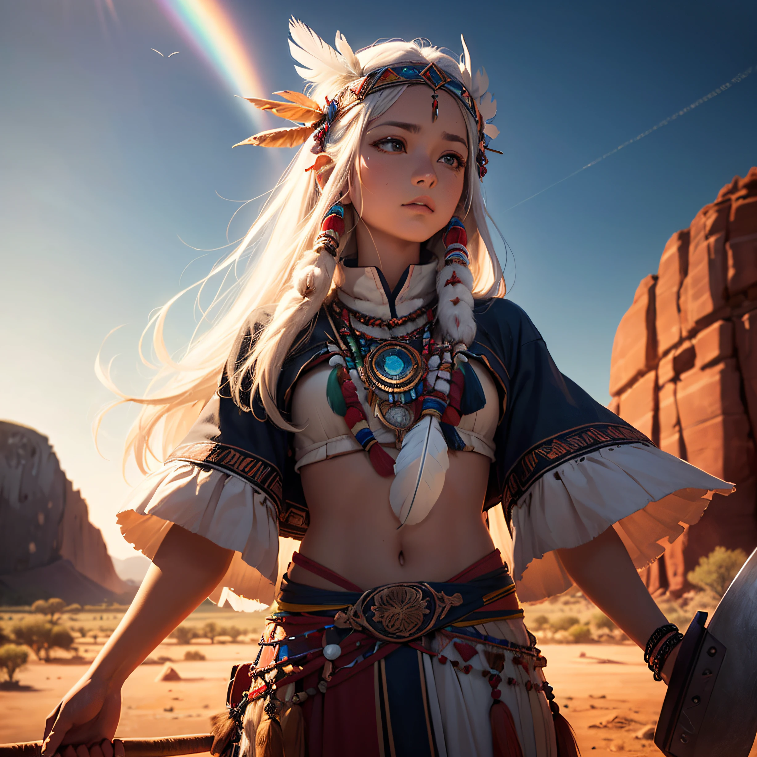 (best quality,ultra-detailed,prism effect:1.2),masterpiece:1.2,sky porn, young Native American, long white hair, gazing at the sky, holding an axe, traditional clothing, feather headdress, majestic Uluru (Ayers rock), magnificent eagle, sunlight streaming