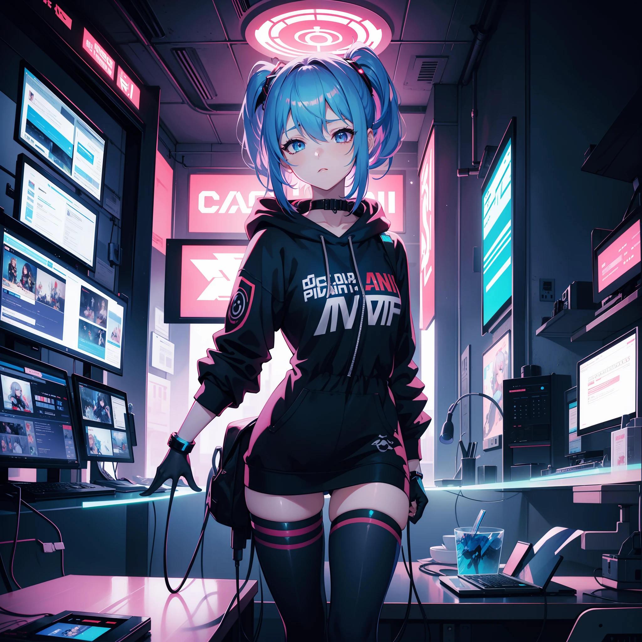 himeko honkai impact,PastelColors、dome、cute little、Music Background, 1girl, wearing sci-fi clothes,ask to follow, aquatic sci-fi, absurdres, high res, ultrasharp, 8K, masterpiece, looking at viewer,masterpiece, high quality, highres, absurdres, ultra-detailed, 8k, 1girl, platinum grey hair, blue hair, multicolored hair, gradient hair, looking at viewer, colorful eyes, colorful hoodie, (sci-fi city), portrait, anime character sitting on a desk with a computer and a monitor, digital cyberpunk anime art, best anime 4k konachan wallpaper, trending on artstation pixiv, anime style 4 k, digital cyberpunk - anime art, guweiz on pixiv artstation, hand not visible