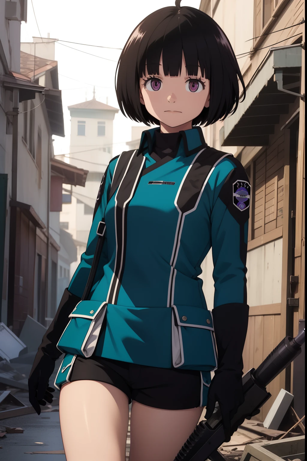 1girl, solo, Amatori_Chika, short hair, black hair, blunt bangs, bob cut, ahoge, purple eyes, long sleeves, blue jacket, uniform, black shirt, turtleneck, emblem, short black shorts, black boots, holding long rifle gun, Walking through the rubble, full body, face, high quarity, masterpiece, UHD, high quality, high details, best quality, highres