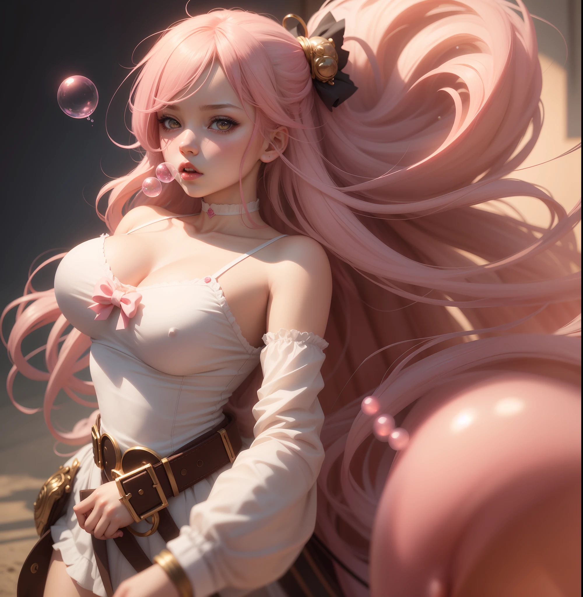 masterpiece, concept art, dynamic angle, a girl with pink hair blowing a bubble, by WLOP, featured on cgsociety, photorealism, ta style, soft shadows on the face, sculpted out of candy, [ bubbles, naver fanpop, blonde anime girl with long hair, ( ( ( anime ) ) ), a human-like juicy peach