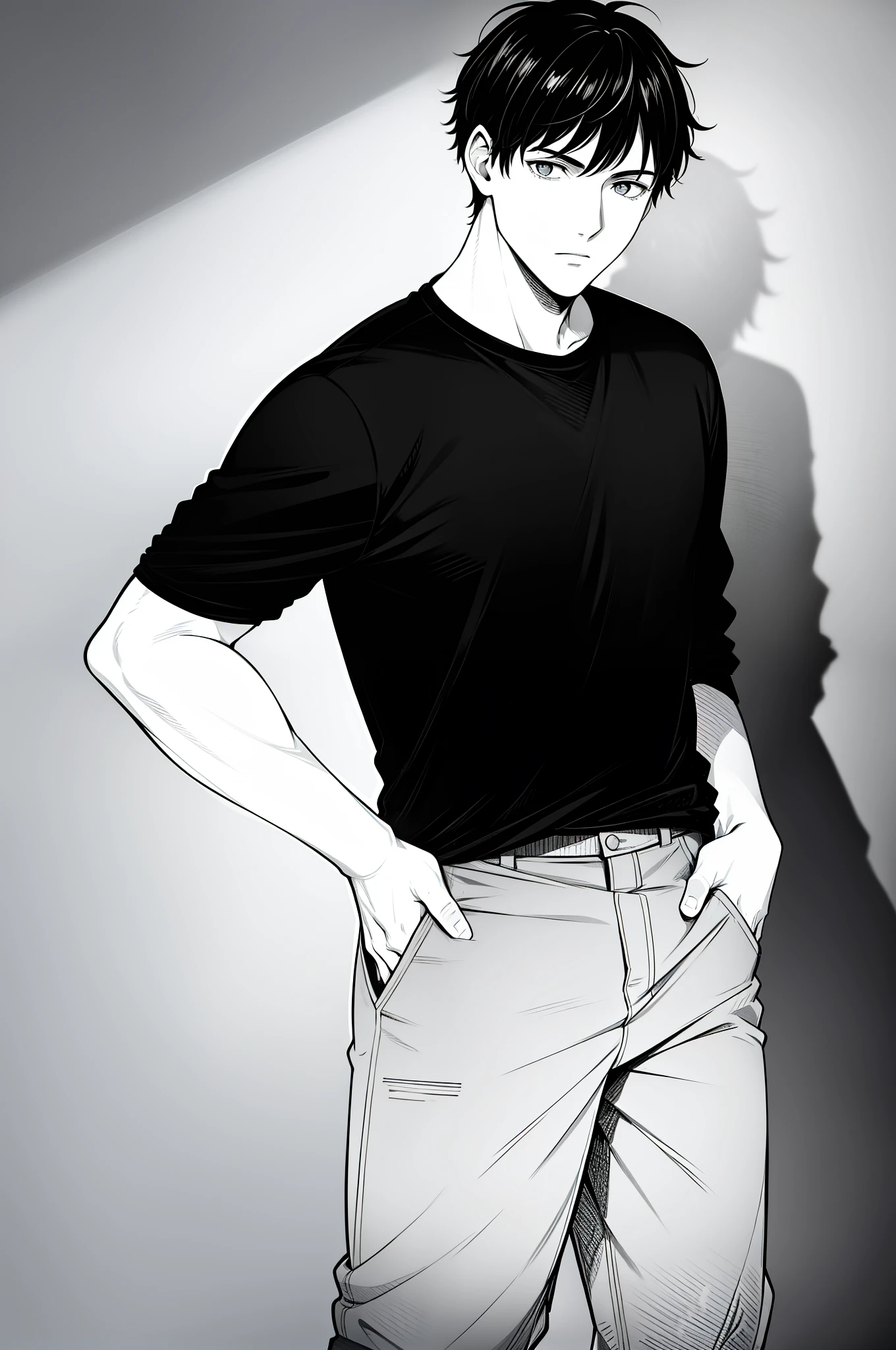 A boy with short hair in black casual clothes,Single male,with black background,Put your hands in your pockets