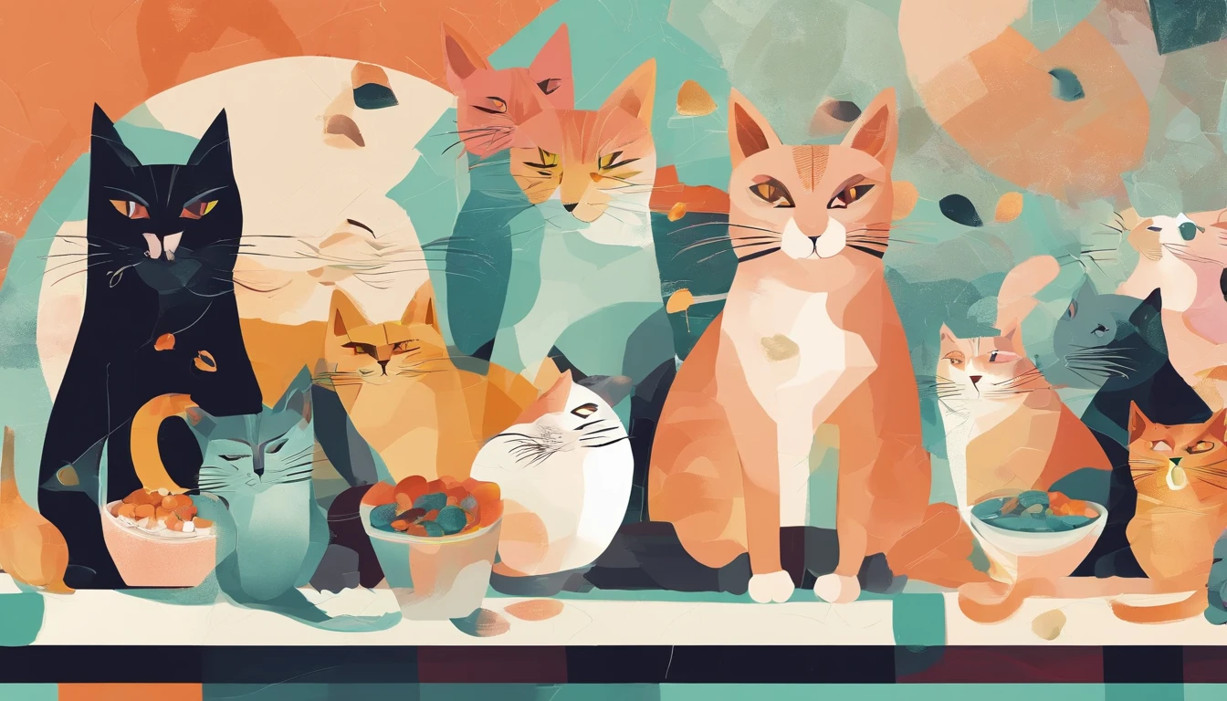 Cats steal cat food,The proportions are moderate, Gradient color, Soft color palette, Hierarchical form, simplebackground, Spatial perspective is correct, large panorama, structurally correct, Depth of field, f/1.8, Best quality