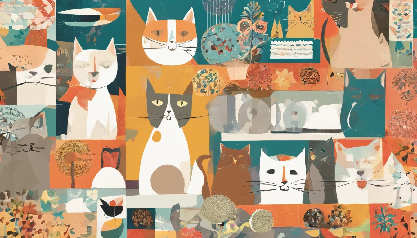 Cats steal cat food,The proportions are moderate, Gradient color, Soft color palette, Hierarchical form, simplebackground, Spatial perspective is correct, large panorama, structurally correct, Depth of field, f/1.8, Best quality