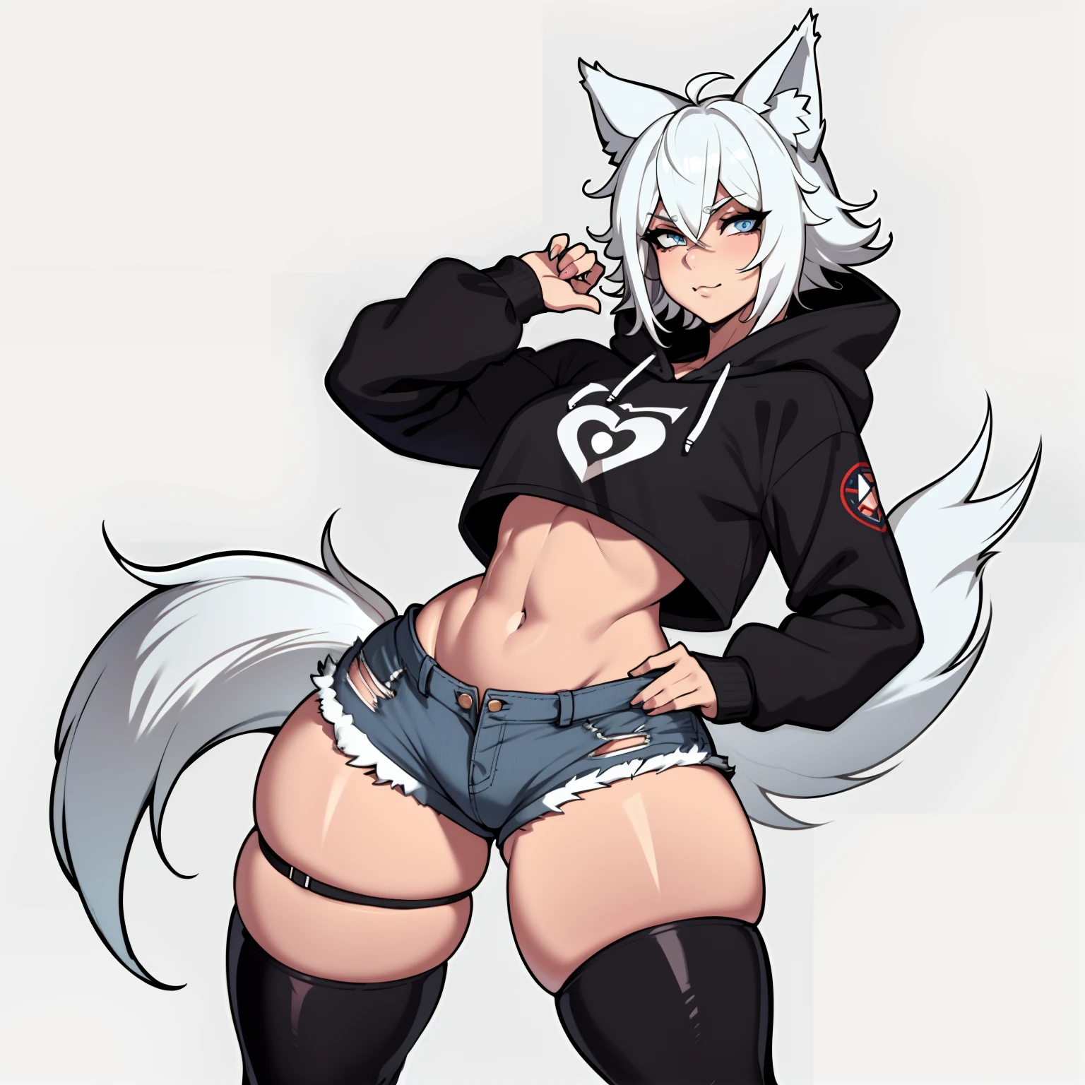 Single boy, Anime Femboy, Short, Long white hair, wolf ears, wolf tail, blue eyes, wearing jean short shorts, thigh high socks, black combat boots, wearing cropped black hoodie, flat chest, super flat chest, solo femboy, only one femboy ((FLAT CHEST)), wide hips, thicc thighs, happy, nice butt, Lobo