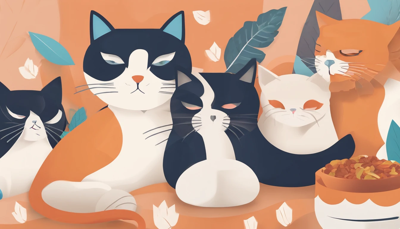Cats steal cat food,The proportions are moderate, Gradient color, Soft color palette, Hierarchical form, simplebackground, Spatial perspective is correct, large panorama, structurally correct, Depth of field, f/1.8, Best quality