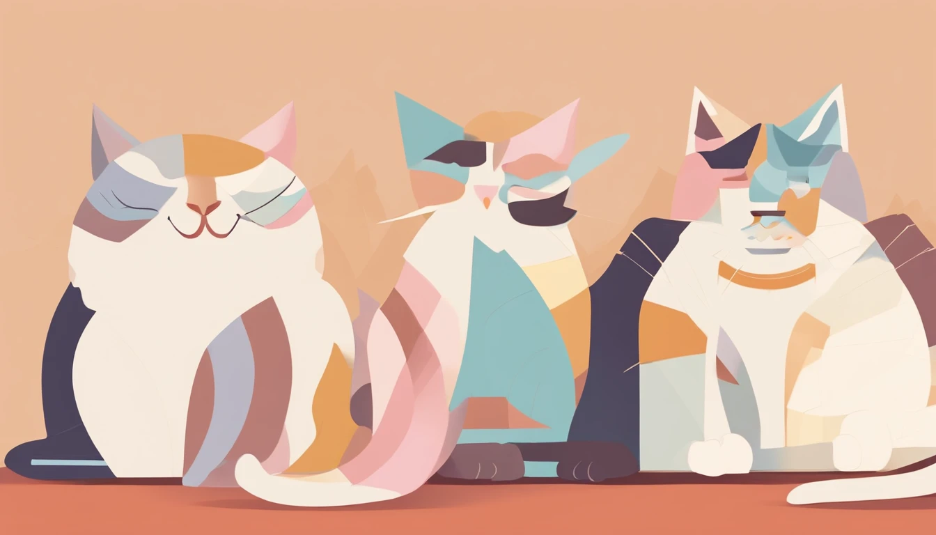 Cats steal cat food,The proportions are moderate, Gradient color, Soft color palette, Hierarchical form, simplebackground, Spatial perspective is correct, large panorama, structurally correct, Depth of field, f/1.8, Best quality
