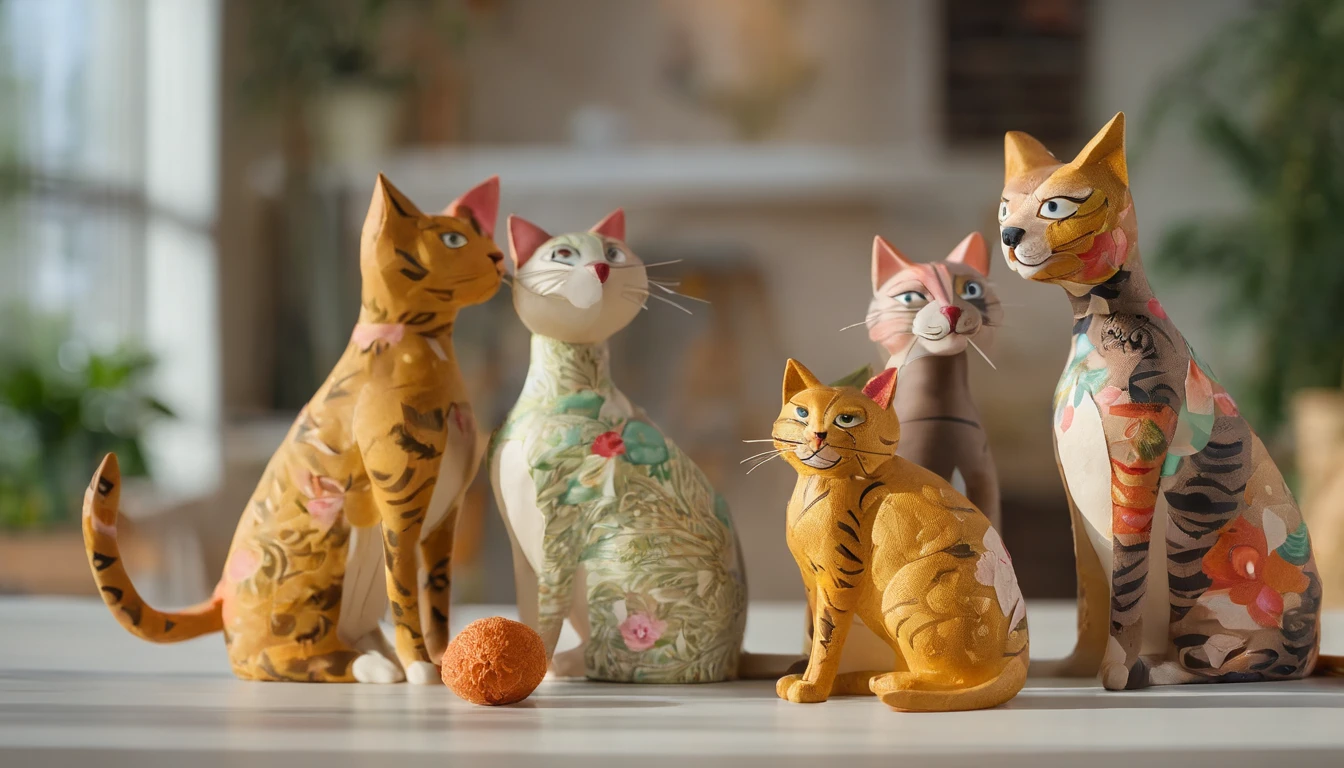 Cats steal cat food,The proportions are moderate, Gradient color, Soft color palette, Hierarchical form, simplebackground, Spatial perspective is correct, large panorama, structurally correct, Depth of field, f/1.8, Best quality