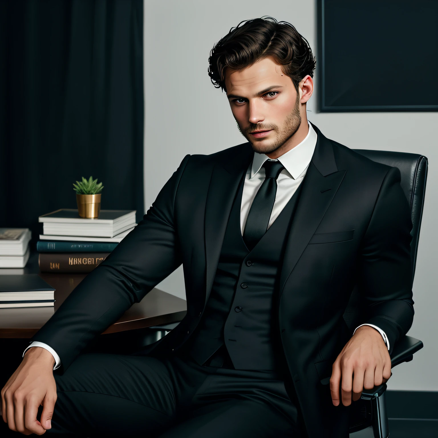 ((half body)) Photo RAW Ceo man sitting in an office chair,leaning on an office desk with a mack book on the desk with his hands crzed,wearing black suit, (Using dark beard) movie scene, (Impeccable) ,Serious and elegant man, Actor Jamie Dornan, with thick male eyebrows, secret agent 007 man style, (with mysterious and serious face, ) short dark hair, dark black background image,elegant and elegant, Man similar to actor Jamie Dornan, (high quality and realistic picture), ((Best Quality, 8k, Masterpiece).