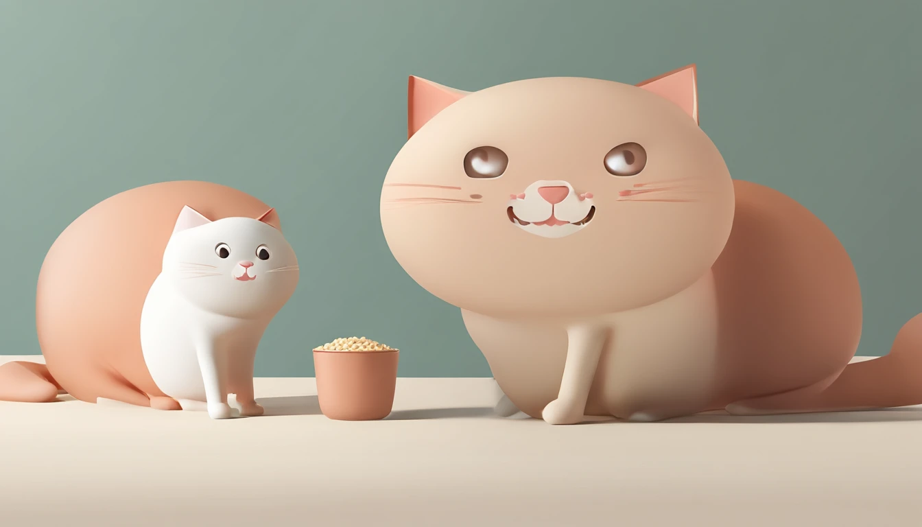 Cats steal cat food，The proportions are moderate, Gradient color, Soft color palette, Hierarchical form, simplebackground, Spatial perspective is correct, large panorama, structurally correct, Depth of field, f/1.8, Best quality