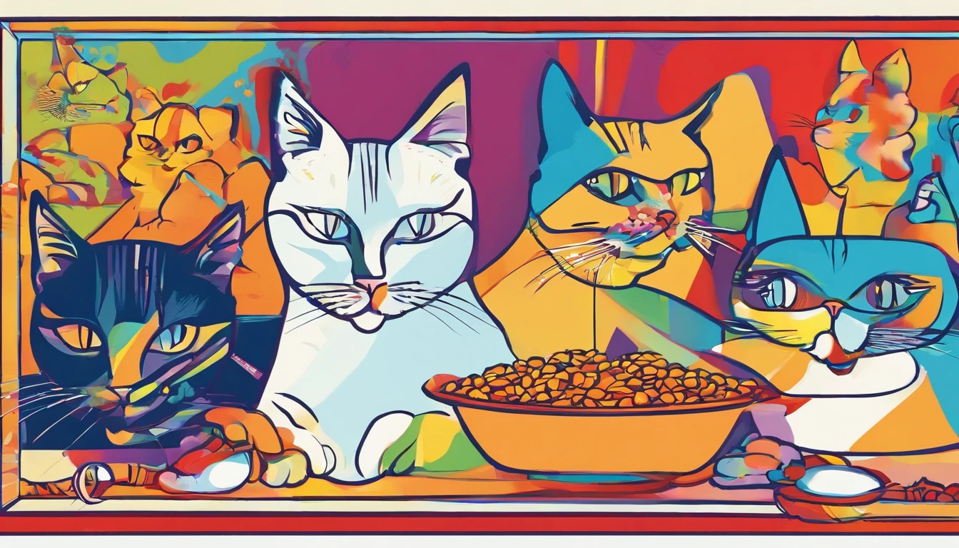 Cats steal cat food,The proportions are moderate, Gradient color, Soft color palette, Hierarchical form, simplebackground, Spatial perspective is correct, large panorama, structurally correct, Depth of field, f/1.8, Best quality
