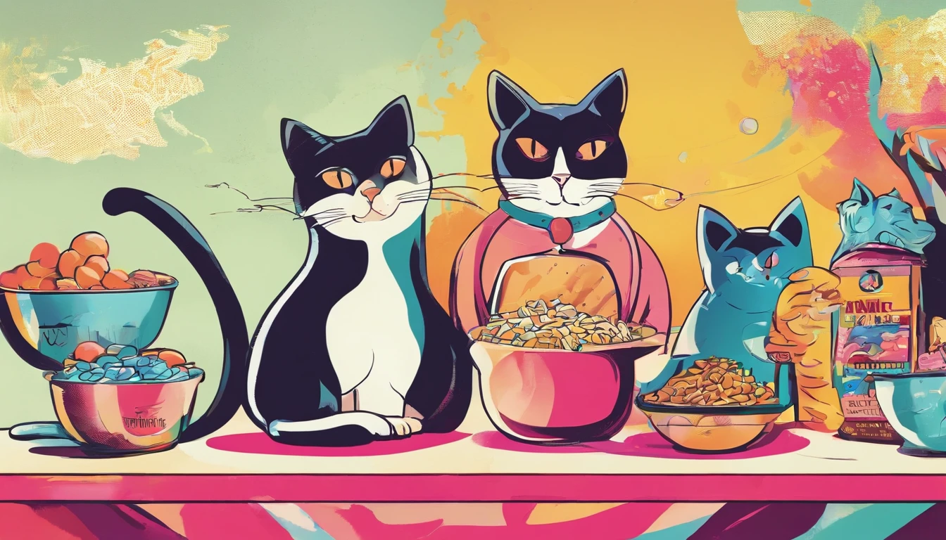 Cats steal cat food，The proportions are moderate, Gradient color, Soft color palette, Hierarchical form, simplebackground, Spatial perspective is correct, large panorama, structurally correct, Depth of field, f/1.8, Best quality