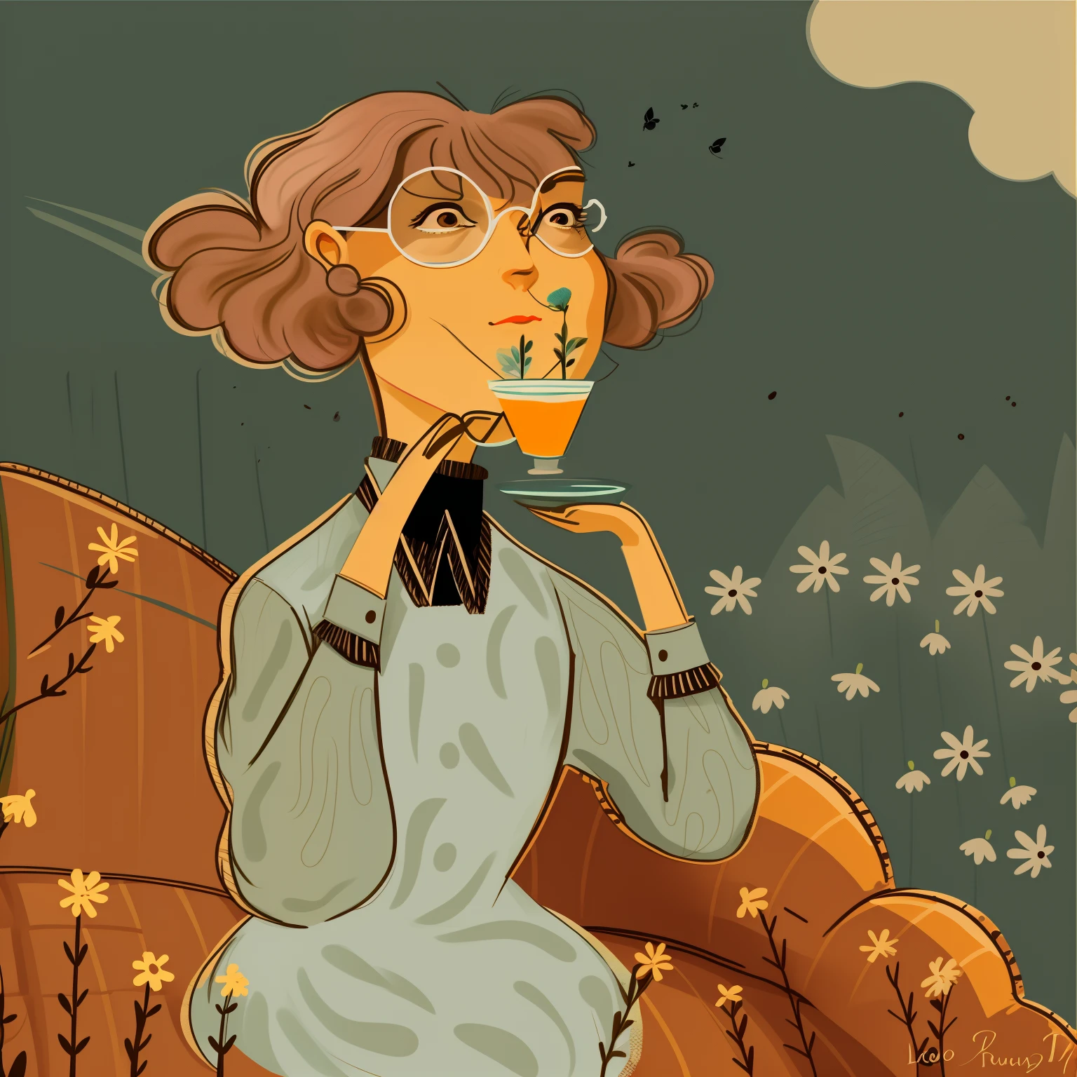 Cartoon of a woman drinking coffee while sitting on a couch, inspirado em Lois Dodd, inspirado em Leo Leuppi, inspirado em Gee Vaucher, retrato caprichoso, ilustrado em estilo caprichoso, inspired by Eugène Grasset, illustration!, inspirado em Lucy Angeline Bacon, inspired by Andrée Ruellan, Retrato Lofi, in illustration style digital