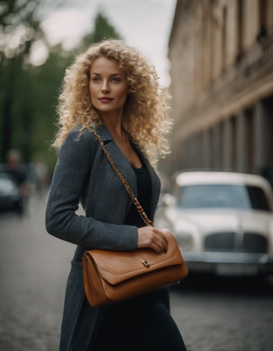 blonde woman with curly hair poses on the street, a handbag, photo taken with provia, in the style of ultrafine detail, high quality photo, 105 mm f/2.4