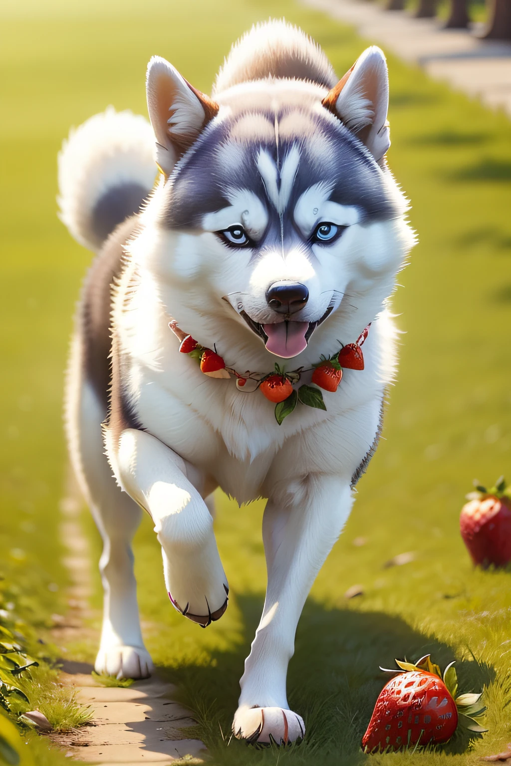 Nice and cute husky,Walk happily on roses with strawberries and roasted nuts,sunny afternoon,Cute eyes,Beautiful and balanced,Grab the husky's most beautiful dynamics