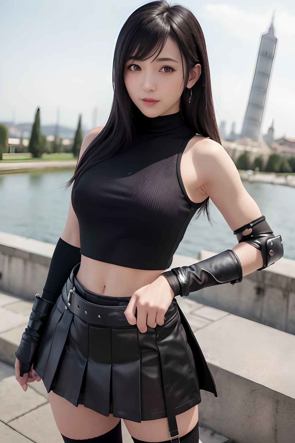 star eye、blash、(realisitic:1.5)、(A dark-haired:1.3)、(half updo::1.5)、(masuter piece、high-definition CG unified 8K wallpapers、top-quality、hight resolution:1.2)、(Ultras_Detailed、nffsw:1.2)、(pixiv:1.3)、Perfect Lighting、Clair、(1girl in:1.4)、(Beauty:1.2)、Watch Viewer、unrealengine、Side lighting、Perfect face、Detail Face、bangss、perfectbody、The best smile、beautidful eyes、odd eye、Clean face、(bright skin: 1.4)、Natural Shading、Kpop Idol)Watch viewers with calm, goddess-like happiness、A smile、cowboy shot、tilt of the head、grease、(Tifa Lockhart, Final Fantasy:1.4)、Tifa Lockhart costume、Spread your legs、smirking at viewer、Show the armpits