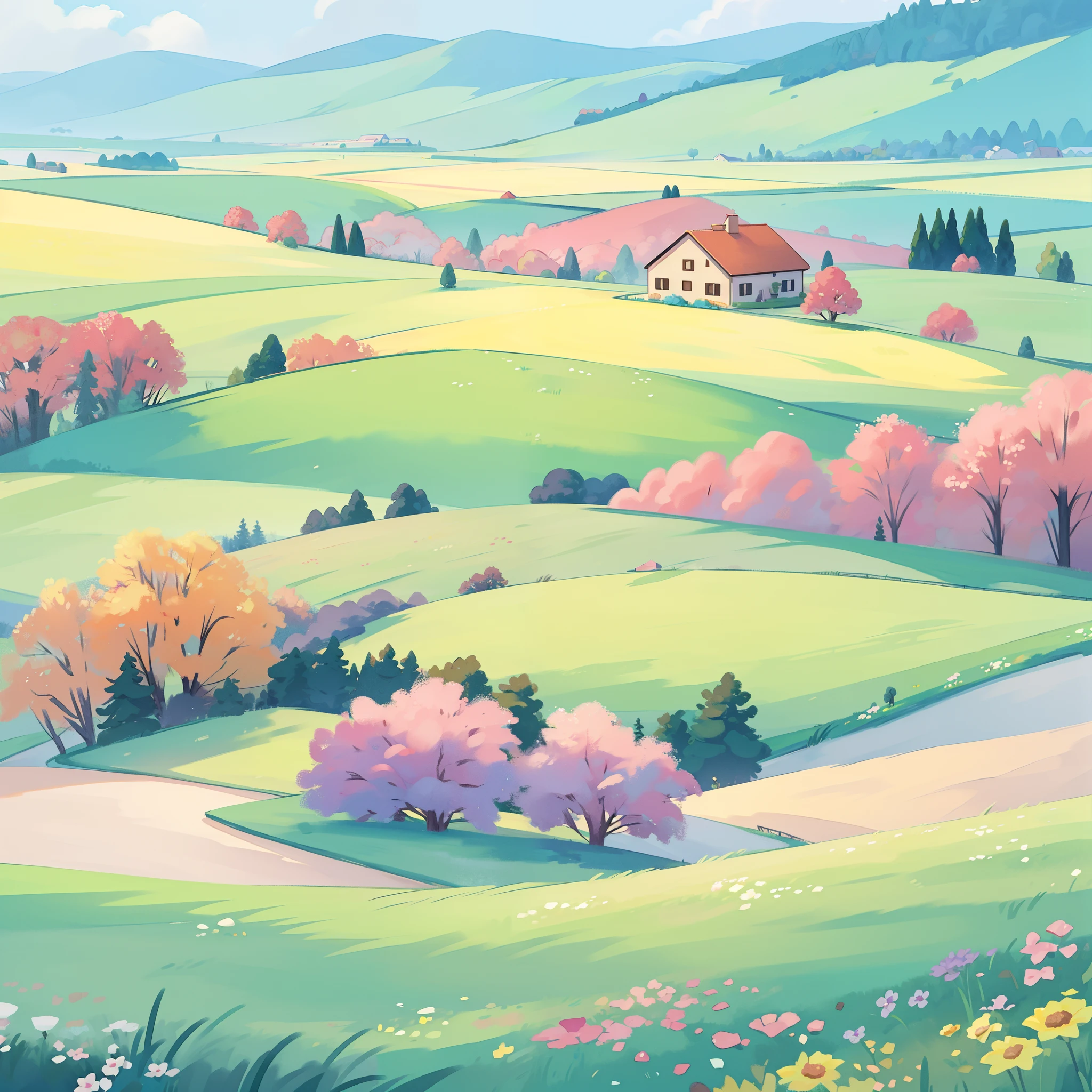 countryside fantasy, watercolor illustration, whimsical, vibrant warm colors, sharp details, ((meadow filled with colorful flowers)), ((colorful flowers)), landscape, wide open countryside, woods in distance, multicolor farmland, fields, crops, farmhouse, (colorful)