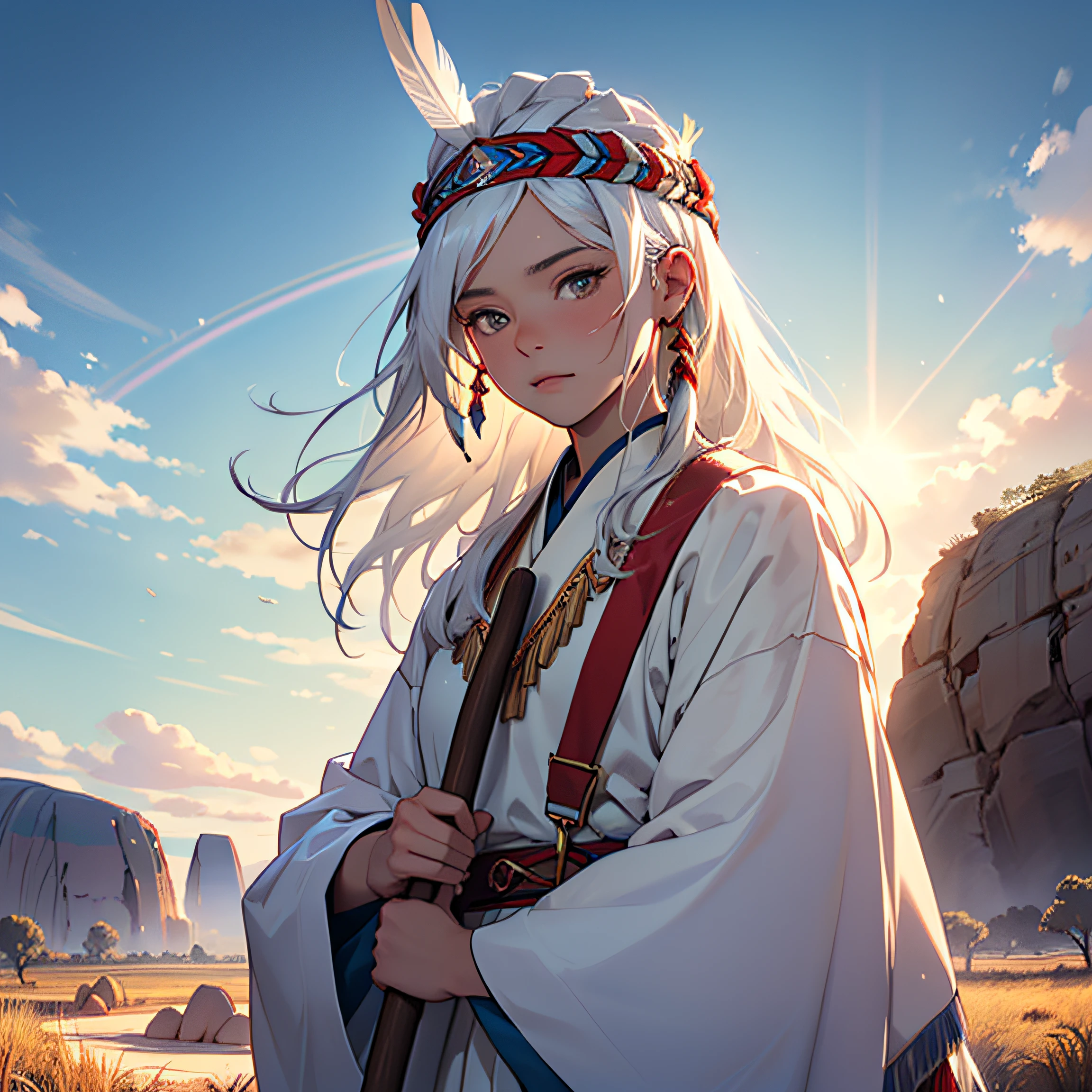 (best quality,ultra-detailed,prism effect:1.2),masterpiece:1.2,sky porn, young Native American, long white hair, (gazing at the sky),(holding an axe, traditional clothing, feather headdress, majestic Uluru (Ayers Rock), magnificent eagle, sunlight streaming)