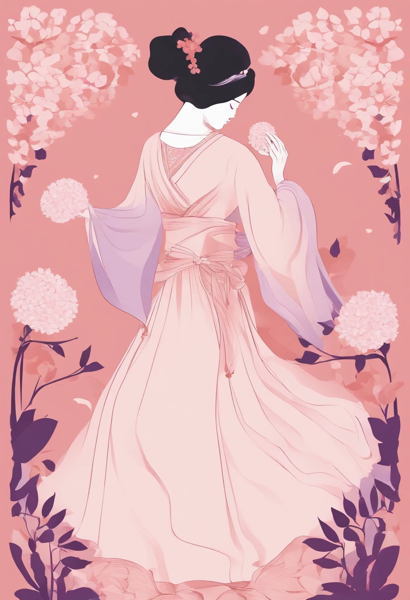 full-colour illustration,A woman in traditional dress holds a hydrangea ball,Demonstrate hydrangea skills。 In a pastel pink、purpleish color、Gold predominantly,Presents the gentleness and elegance of a woman。