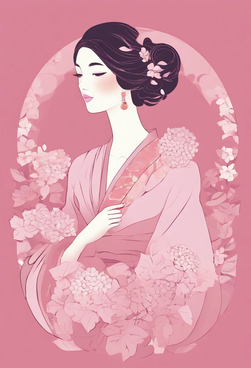 full-colour illustration，A woman in traditional dress holds a hydrangea ball，Demonstrate hydrangea skills。 In a pastel pink、purpleish color、Gold predominantly，Presents the gentleness and elegance of a woman。