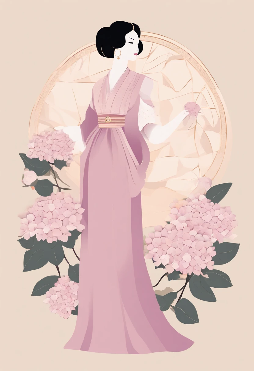 full-colour illustration，A woman in traditional dress holds a hydrangea ball，Demonstrate hydrangea skills。 In a pastel pink、purpleish color、Gold predominantly，Presents the gentleness and elegance of a woman。