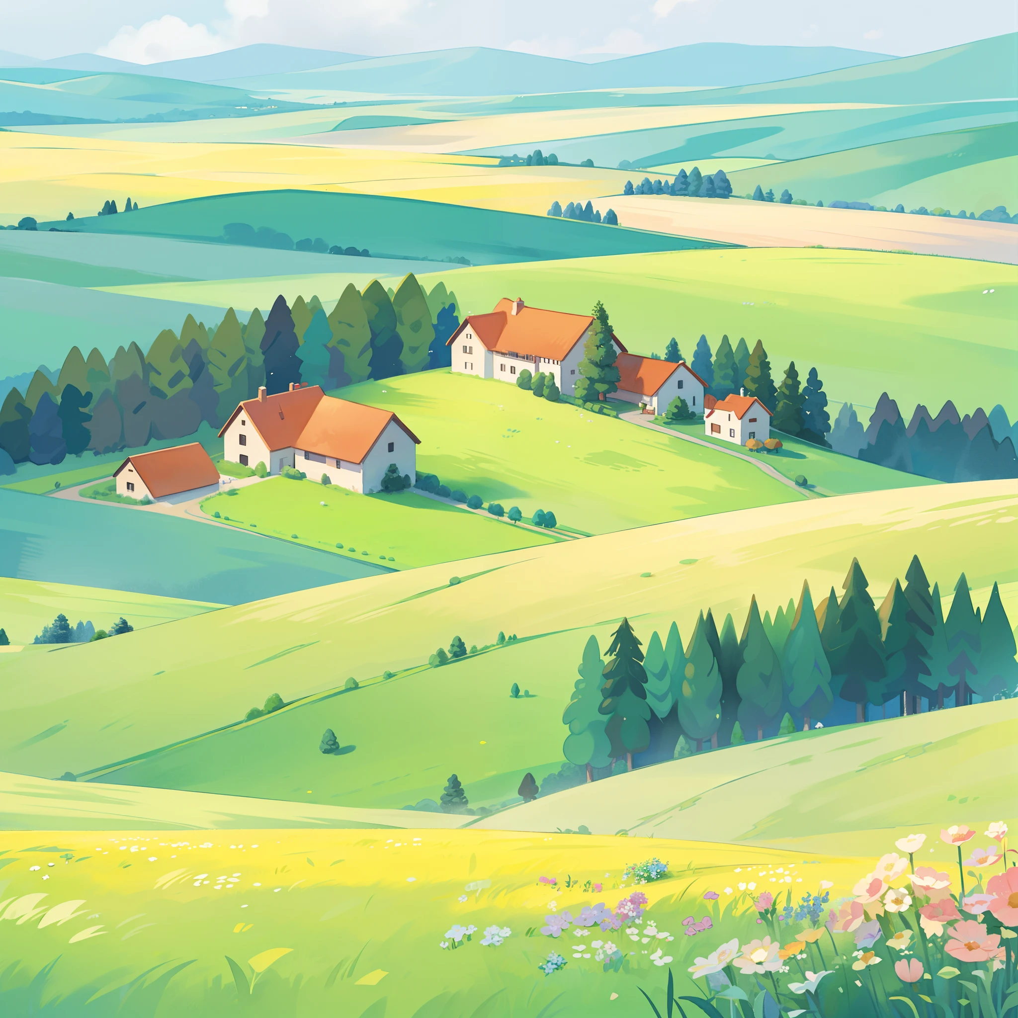 countryside fantasy, watercolor illustration, whimsical, vibrant warm colors, sharp details, ((meadow filled with colorful flowers)), ((colorful flowers)), landscape, wide open countryside, woods in distance, multicolor farmland, fields, crops, farmhouse, (colorful)