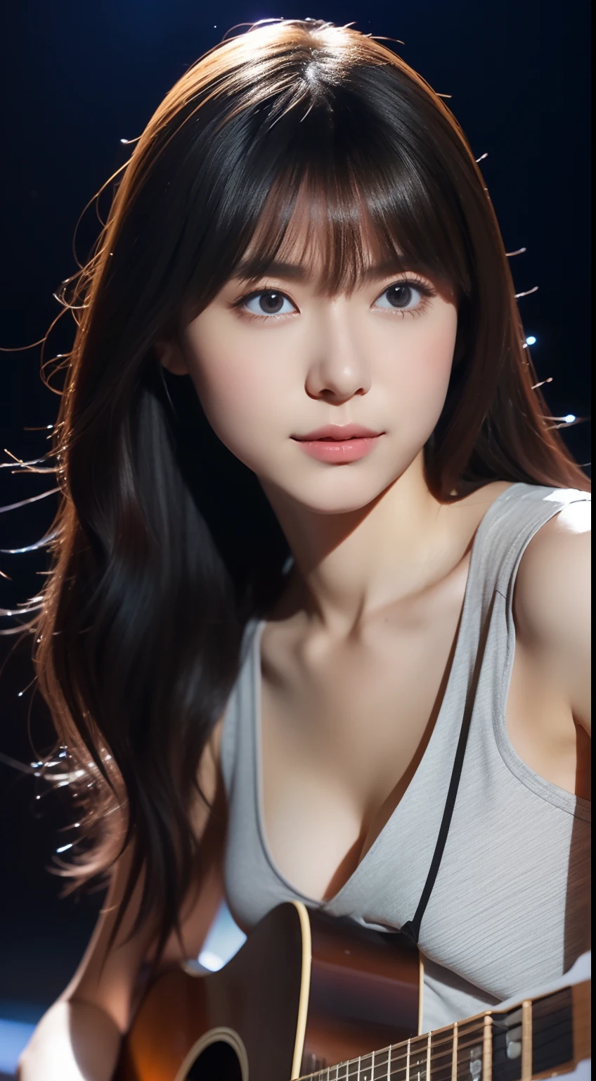 1 Realistic pictures of cute Japan stars, Floating hair, White skin, Thin makeup, 32 inch breast size, Wearing a gray V-neck tank top, Playing guitar, At the Night Bar, Close-up portrait, dithering, nffsw