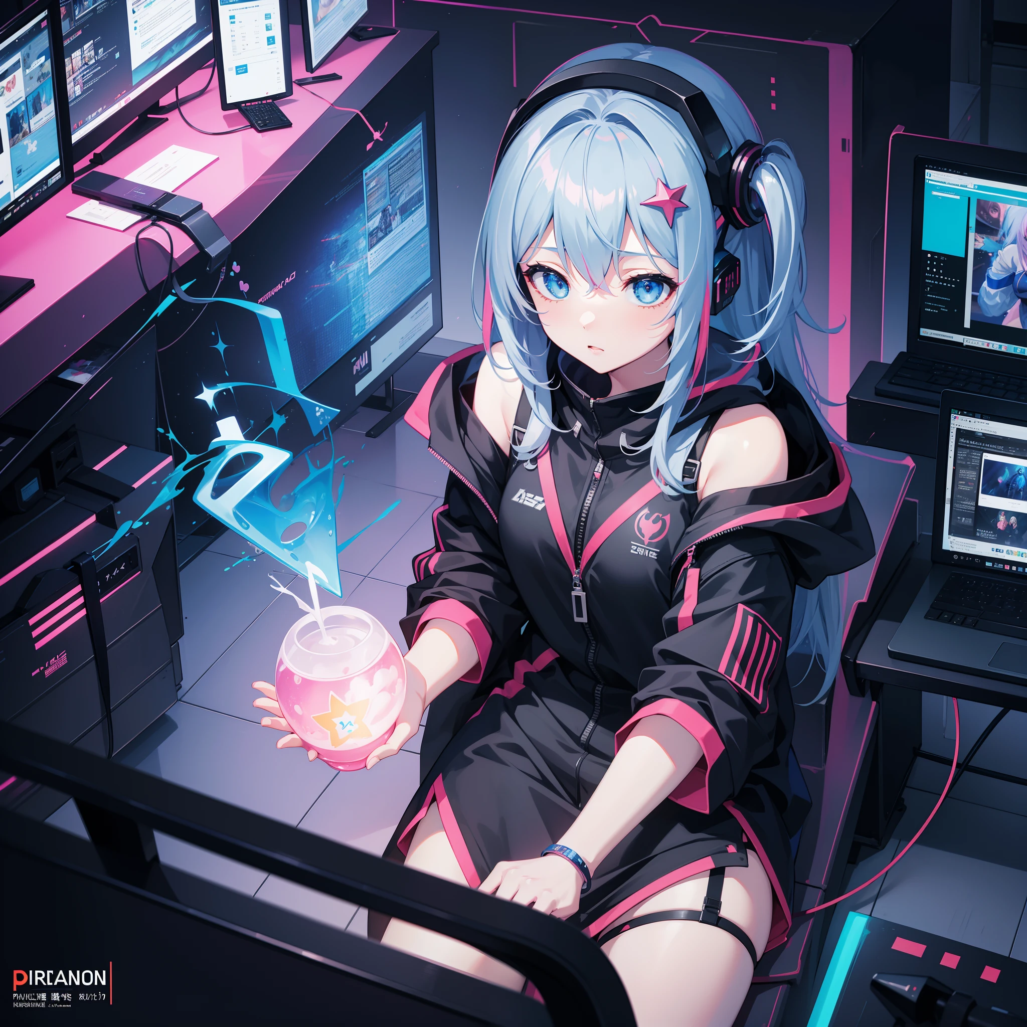 himeko honkai star rail, VOCALOID、One girl、colourful hair、PastelColors、dome、cute little、Music Background, 1girl, short gray hair, blue eyes, wearing sci-fi clothes,ask to follow, aquatic sci-fi, absurdres, high res, ultrasharp, 8K, masterpiece, looking at viewer,masterpiece, high quality, highres, absurdres, ultra-detailed, 8k, 1girl, platinum grey hair, blue hair, multicolored hair, gradient hair, looking at viewer, colorful eyes, colorful hoodie, (sci-fi city), portrait, anime character sitting on a desk with a computer and a monitor, digital cyberpunk anime art, best anime 4k konachan wallpaper, trending on artstation pixiv, anime style 4 k, digital cyberpunk - anime art, guweiz on pixiv artstation, hand not visible