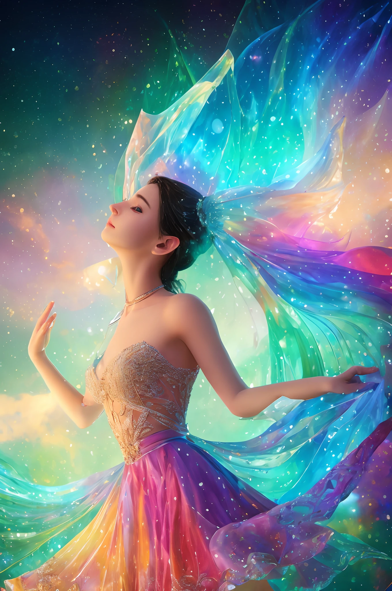 A beautiful girl is dancing , looking into the camera, photorealistic painting, sharp focus, 8k, perfect composition, trending on art station, award-winning photograph, unreal engine 5, cinematic smooth, intricate detail, highly detailed, from below, splash, fractal art, god ray, crystallineAI, rainbow,  in the park,naked